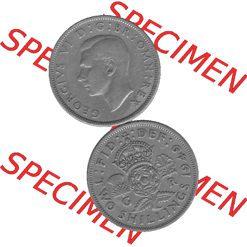 Alte Münze Großbritannien, Bild in s/w bzw. Graustufen PNG-Grafik, Umlaufmünze aus dem Zeitraum 1949-1951, 2 Schilling-Florin, Two Shillings, 1949-04,... Sammlung