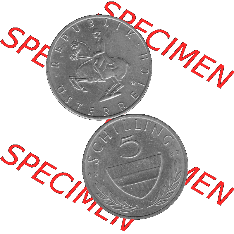 Alte Münze 5 / Fünf Schilling Österreich in s/w Schwarzweiß bzw. Graustufen Farbgebung von Scanner transparenten PNG 1968-2001, 5 Schilling 1987-01, Reiter... Sammlung