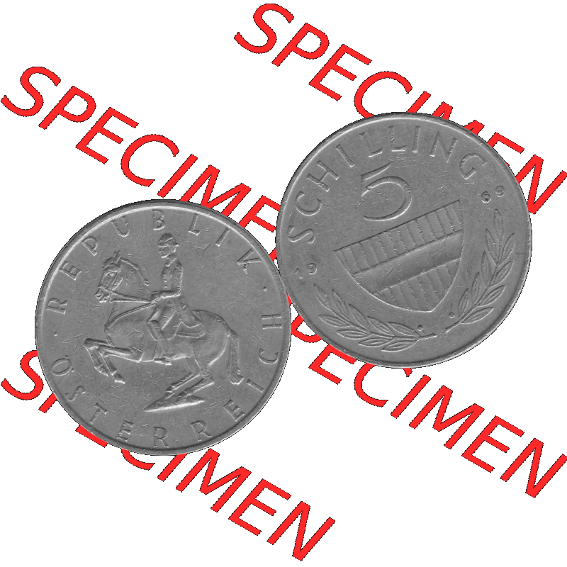 Alte Münze 5 / Fünf Schilling Österreich in s/w Schwarzweiß bzw. Graustufen Farbgebung von Scanner transparenten PNG 1968-2001, 5 Schilling 1969-02, Reiter... Sammlung