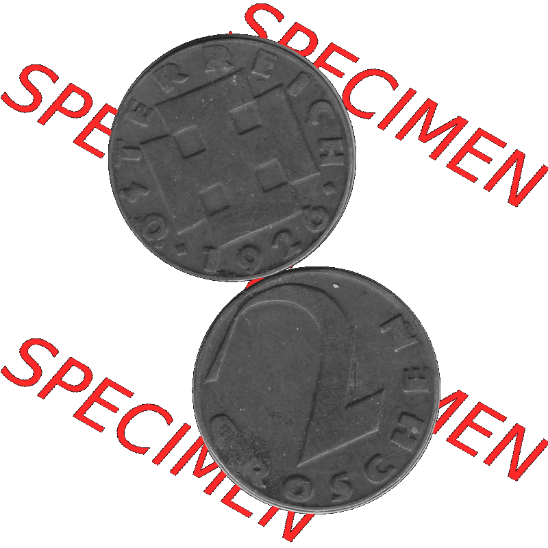 Alte Münze 2 / Zwei Groschen Österreich in s/w Schwarzweiß bzw. Graustufen Farbgebung von Scanner transparenten PNG 1925-1938, 2 Zwei Groschen, Krückenkreuz... Sammlung