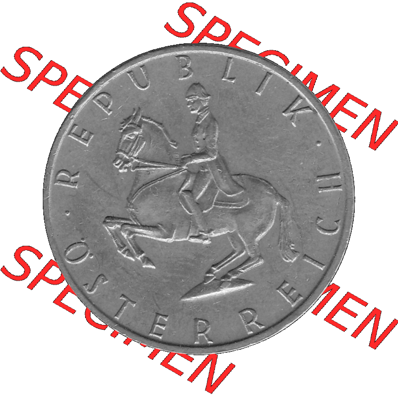 Alte Münze 5 / Fünf Schilling Österreich in s/w Schwarzweiß bzw. Graustufen Farbgebung von Scanner transparenten PNG 1968-2001, 5 Schilling 1970-02, Reiter... Sammlung