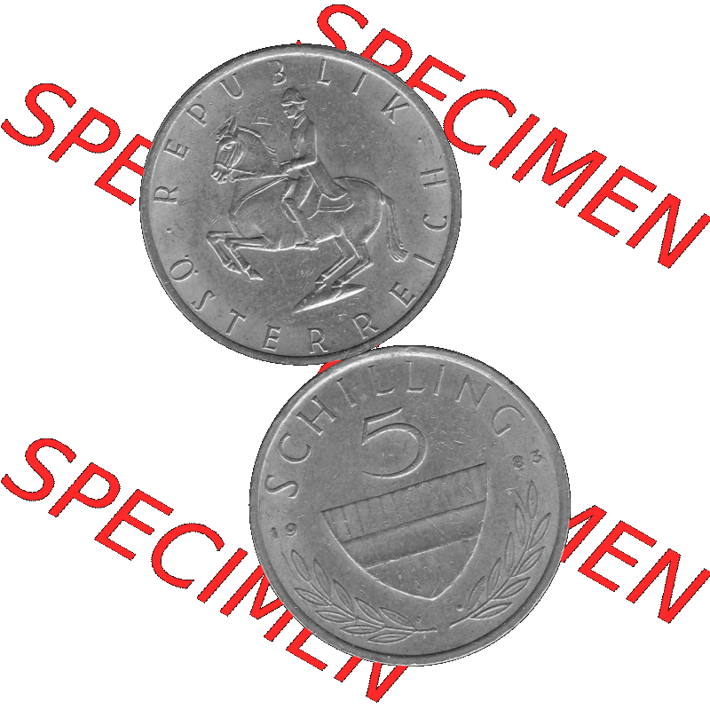 Alte Münze 5 / Fünf Schilling Österreich in s/w Schwarzweiß bzw. Graustufen Farbgebung von Scanner transparenten PNG 1968-2001, 5 Schilling 1983-01, Reiter... Sammlung