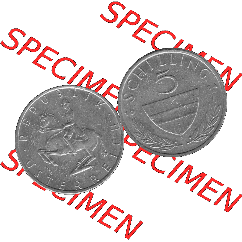 Alte Münze 5 / Fünf Schilling Österreich in s/w Schwarzweiß bzw. Graustufen Farbgebung von Scanner transparenten PNG 1968-2001, 5 Schilling 1984-02, Reiter... Sammlung