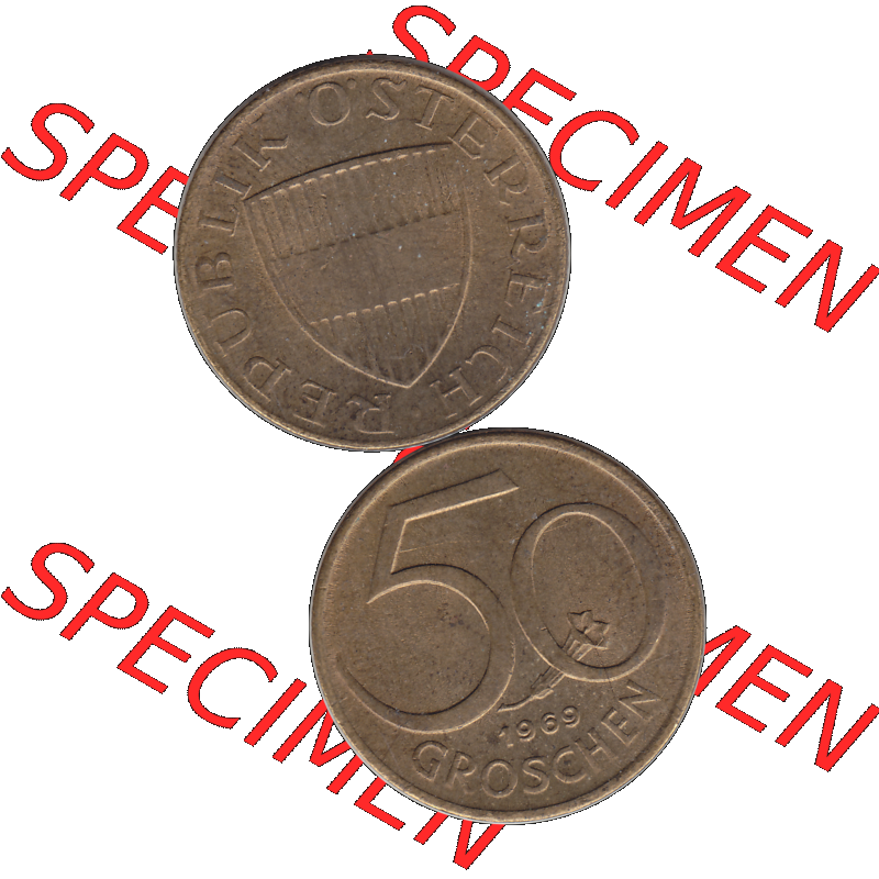 Alte Münze 50 / Fünfzig Groschen Österreich in original Farbgebung von Scanner transparenten PNG 1959-2001, 50 Groschen 1969-01, Bindenschild. Vorderseite und Rückseite... Sammlung