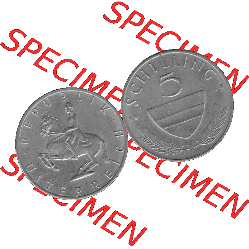 Alte Münze 5 / Fünf Schilling Österreich in s/w Schwarzweiß bzw. Graustufen Farbgebung von Scanner transparenten PNG 1968-2001, 5 Schilling 1988-01, Reiter... Sammlung