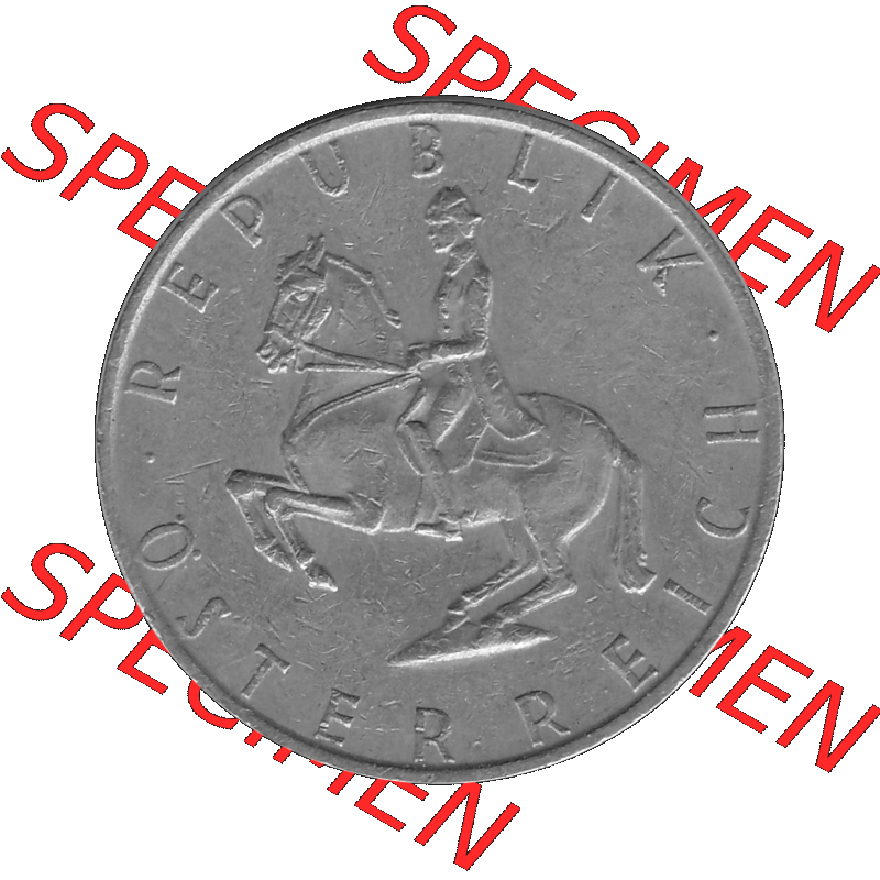 Alte Münze 5 / Fünf Schilling Österreich in s/w Schwarzweiß bzw. Graustufen Farbgebung von Scanner transparenten PNG 1968-2001, 5 Schilling 1969-02, Reiter... Sammlung