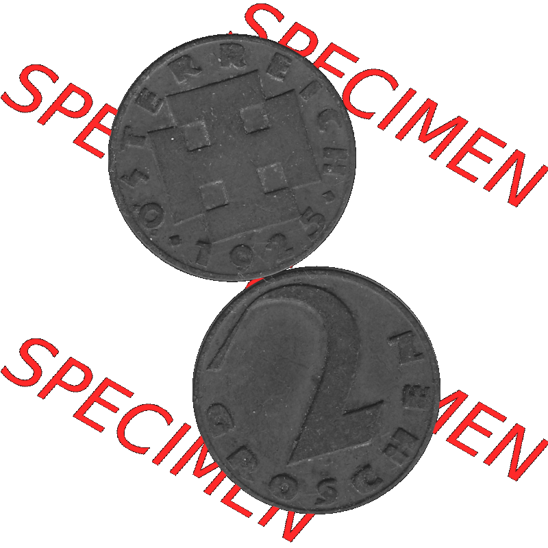 Alte Münze 2 / Zwei Groschen Österreich in s/w Schwarzweiß bzw. Graustufen Farbgebung von Scanner transparenten PNG 1925-1938, 2 Zwei Groschen, Krückenkreuz... Sammlung