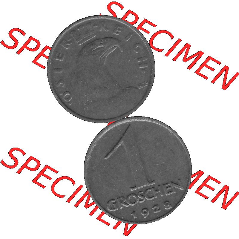 Alte Münze 1 / Ein Groschen Österreich in s/w Schwarzweiß bzw. Graustufen Farbgebung von Scanner transparenten PNG 1925-1938, 1-Ein Groschen, Adlerkopf mit Mauerkrone... Sammlung