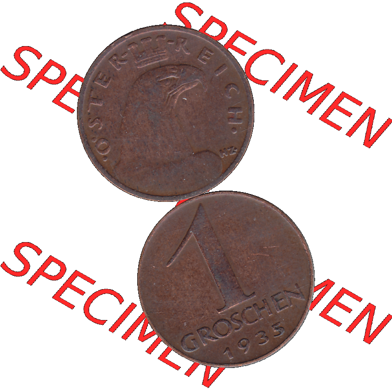 Alte Münze 1 / Ein Groschen Österreich in original Farbgebung von Scanner transparenten PNG 1925-1938, 1-Ein Groschen, Adlerkopf mit Mauerkrone 1935-01. Vorderseite und... Sammlung