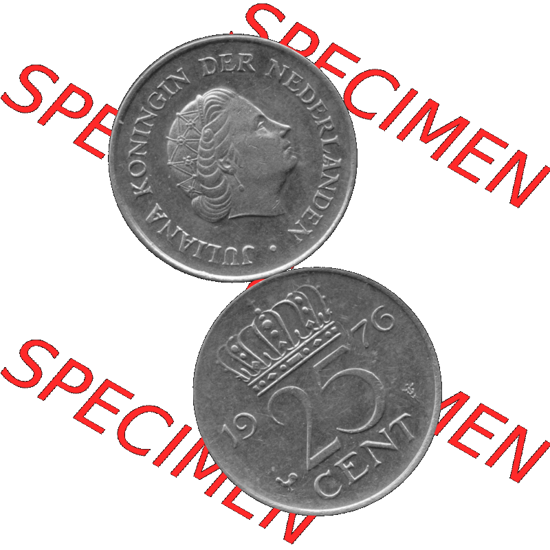 Alte Münze Niederlande in Grau 1950-1980, 25 Cent Königin Juliana 1976-01 Graustufen. Vorderseite und Rückseite vertikal auf einen digitalen in grau / Graustufen umgewandeltes... Sammlung