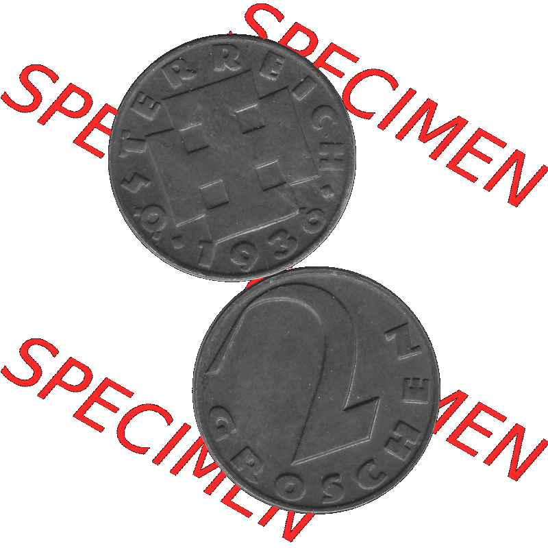 Alte Münze 2 / Zwei Groschen Österreich in s/w Schwarzweiß bzw. Graustufen Farbgebung von Scanner transparenten PNG 1925-1938, 2 Zwei Groschen, Krückenkreuz... Sammlung