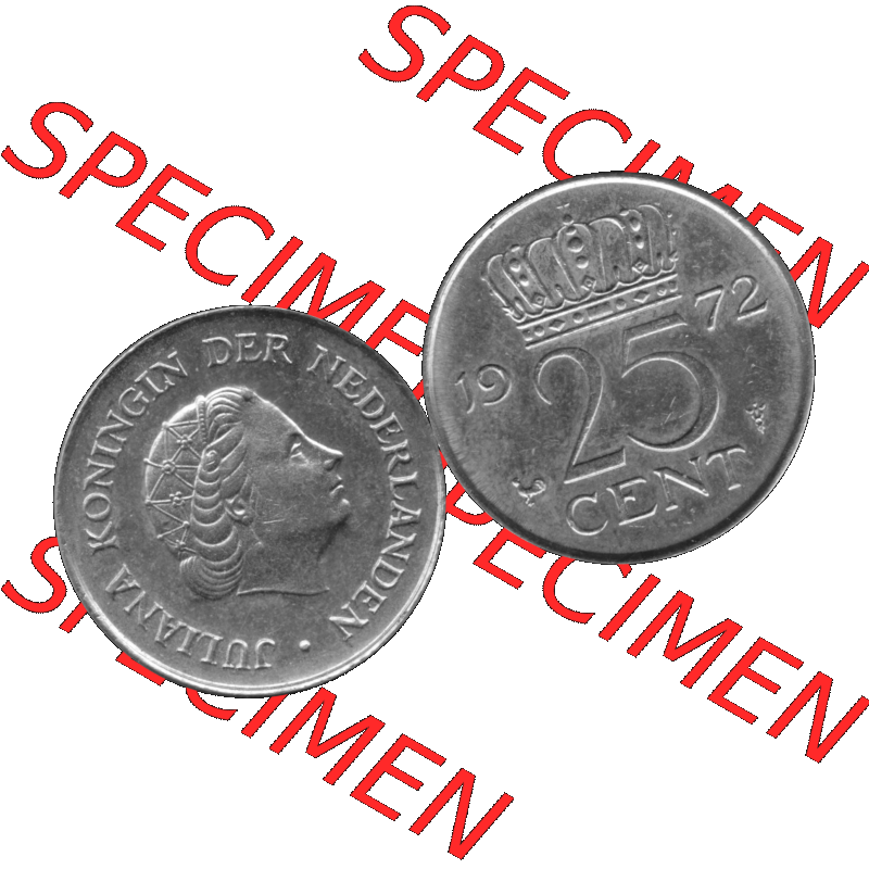 Alte Münze Niederlande in Grau 1950-1980, 25 Cent Königin Juliana 1972-01 Graustufen. Vorderseite und Rückseite horizontal auf einen digitalen grauen / Graustufen Bild der... Sammlung