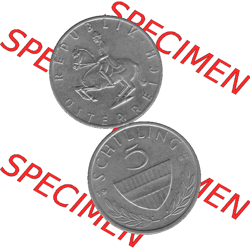 Alte Münze 5 / Fünf Schilling Österreich in s/w Schwarzweiß bzw. Graustufen Farbgebung von Scanner transparenten PNG 1968-2001, 5 Schilling 1982-01, Reiter... Sammlung