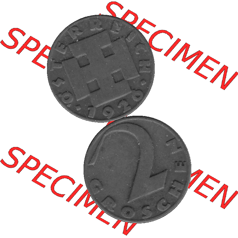 Alte Münze 2 / Zwei Groschen Österreich in s/w Schwarzweiß bzw. Graustufen Farbgebung von Scanner transparenten PNG 1925-1938, 2 Zwei Groschen, Krückenkreuz... Sammlung