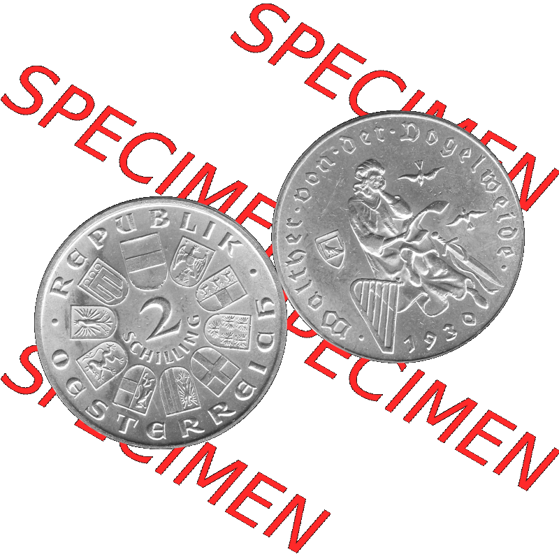 Alte Münze Österreich 1930-1930, 2 Schilling 1930-01, Silbermünze Walter von der Vogelweide 1170-1230, Minnesänger Graustufen. Vorderseite und Rückseite... Sammlung