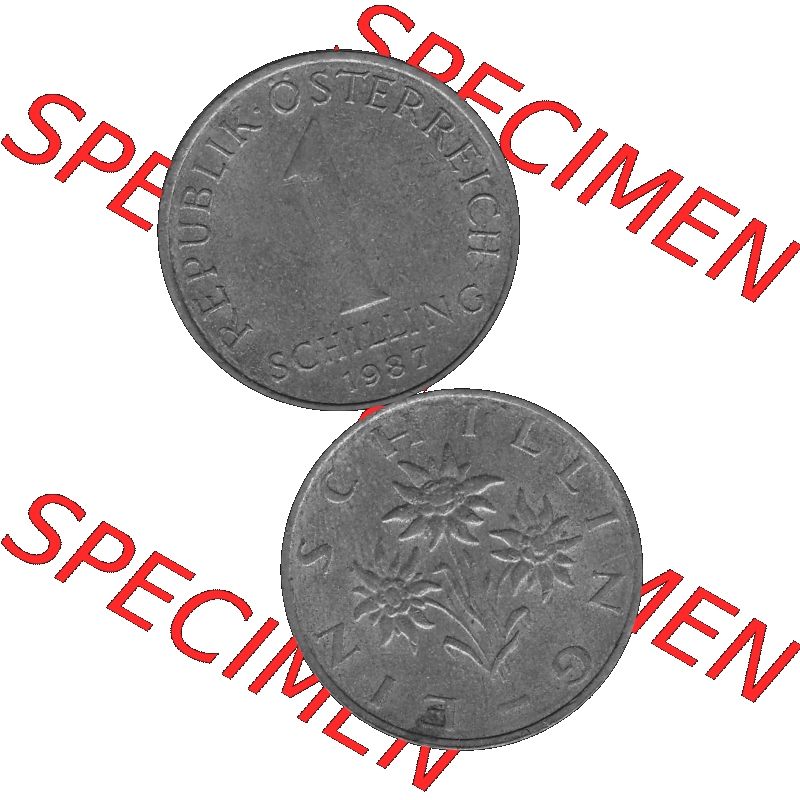 Alte Münzen Österreich 1 / Ein Schilling 1959-2001, 1 Schilling 1987-01, Edelweiß Graustufen. Vorderseite und Rückseite in Graustufen der 1 / Ein Schilling-Münze... Sammlung