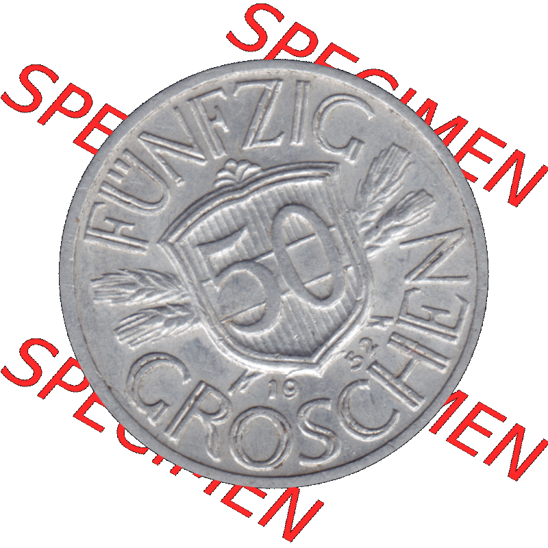 Alte Münze aus Österreich als PNG-Grafik 1946-1955, 50 Groschen 1952-01. Rückseite der alten 50 Groschen Umlaufmünze aus Österreich, Münze wurde vor dem... Sammlung