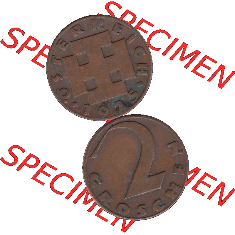 Alte Münze 2 / Zwei Groschen Österreich in original Farbgebung von Scanner transparenten PNG 1925-1938, 2 Zwei Groschen, Krückenkreuz 1925-03. Vorderseite und Rückseite... Sammlung