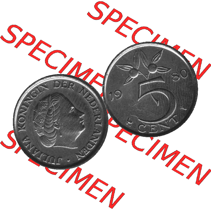 Alte Münze Niederlande in Grau 1950-1980, 5 Cent Königin Juliana 1980-01 Graustufen. Vorderseite und Rückseite horizontal auf einen digitalen grauen / Graustufen Bild der... Sammlung