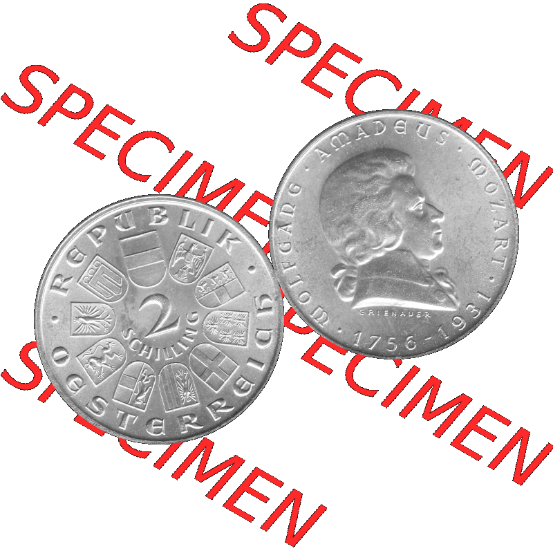 Alte Münze Österreich 1931-1931, 2 Schilling 1931-01, Silbermünze Wolfgang Amadeus Mozart Graustufen. Vorderseite und Rückseite der Österreich Erste Republik... Sammlung