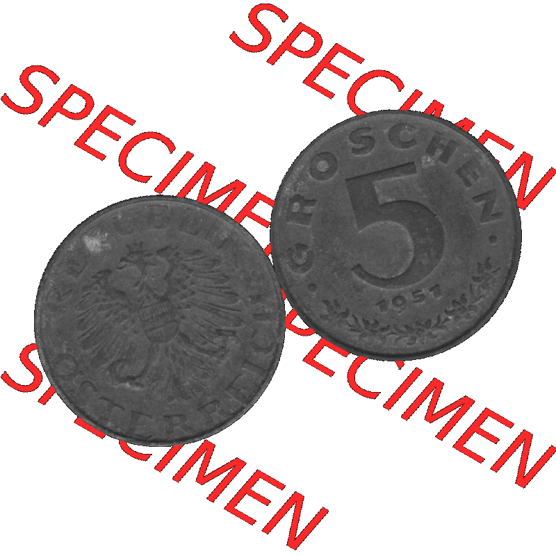 Alte Münzen Österreich 5 / Fünf Groschen in s/w / grau / Graustufen 1948-1994, 5 Groschen 1951-01 Graustufen. Vorderseite und Rückseite der Österreich... Sammlung