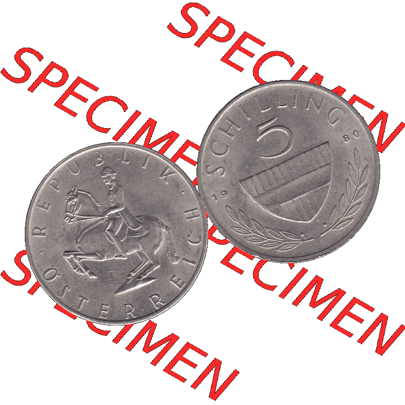 Alte Münze 5 / Fünf Schilling Österreich in original Farbgebung von Scanner transparenten PNG 1968-2001, 5 Schilling 1980-02, Reiter in der Levade. Vorderseite und... Sammlung
