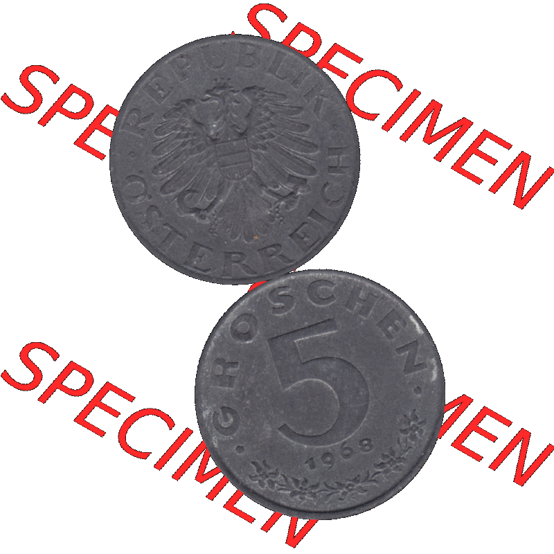 Alte Münzen Österreich 5 / Fünf Groschen in Farbe/Color 1948-1994, 5 Groschen 1968-01. Vorderseite und Rückseite der 5 / Fünf Groschen Münze vertikal... Sammlung