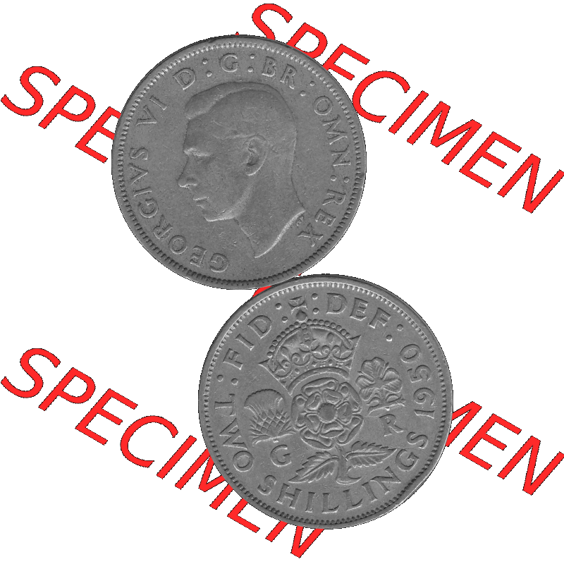Alte Münze Großbritannien, Bild in s/w bzw. Graustufen PNG-Grafik, Umlaufmünze aus dem Zeitraum 1949-1951, 2 Schilling-Florin, Two Shillings, 1950-01,... Sammlung
