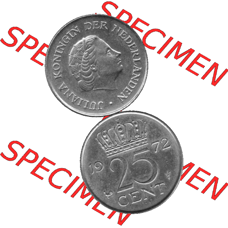 Alte Münze Niederlande in Grau 1950-1980, 25 Cent Königin Juliana 1972-01 Graustufen. Vorderseite und Rückseite vertikal auf einen digitalen in grau / Graustufen umgewandeltes... Sammlung