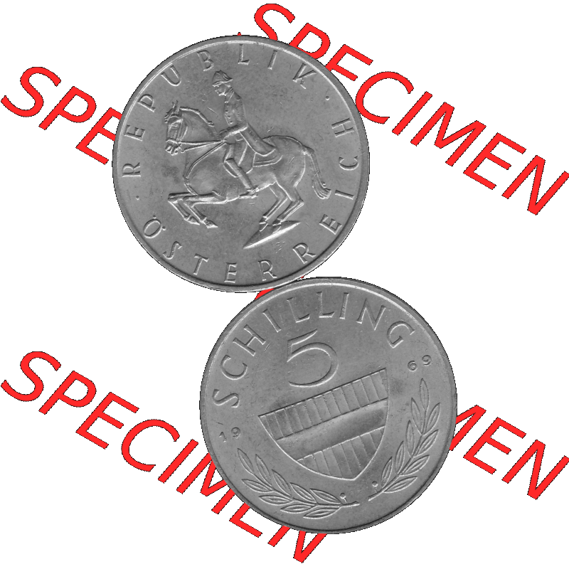 Alte Münze 5 / Fünf Schilling Österreich in s/w Schwarzweiß bzw. Graustufen Farbgebung von Scanner transparenten PNG 1968-2001, 5 Schilling 1969-01, Reiter... Sammlung