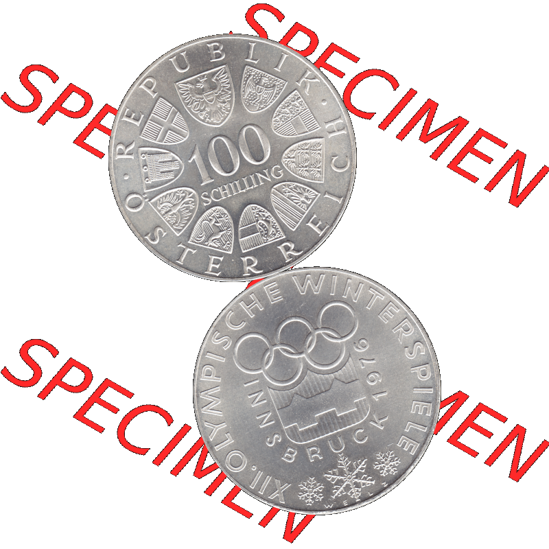 Alte Münze 100 / Einhundert Schilling Österreich auf original farbigen transparenten PNG-Bild 1976-1976, 100 Hundert Schilling, Emblem der Spiele 1976-01, Olympische Winterspiele... Sammlung