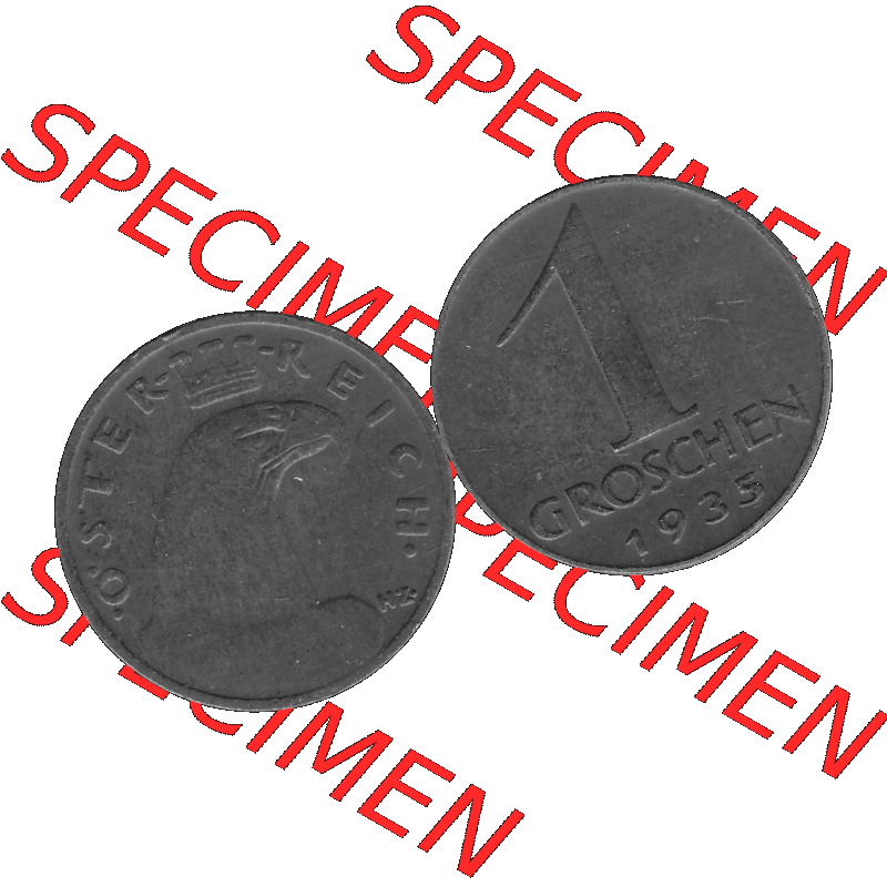 Alte Münze 1 / Ein Groschen Österreich in s/w Schwarzweiß bzw. Graustufen Farbgebung von Scanner transparenten PNG 1925-1938, 1-Ein Groschen, Adlerkopf mit Mauerkrone... Sammlung