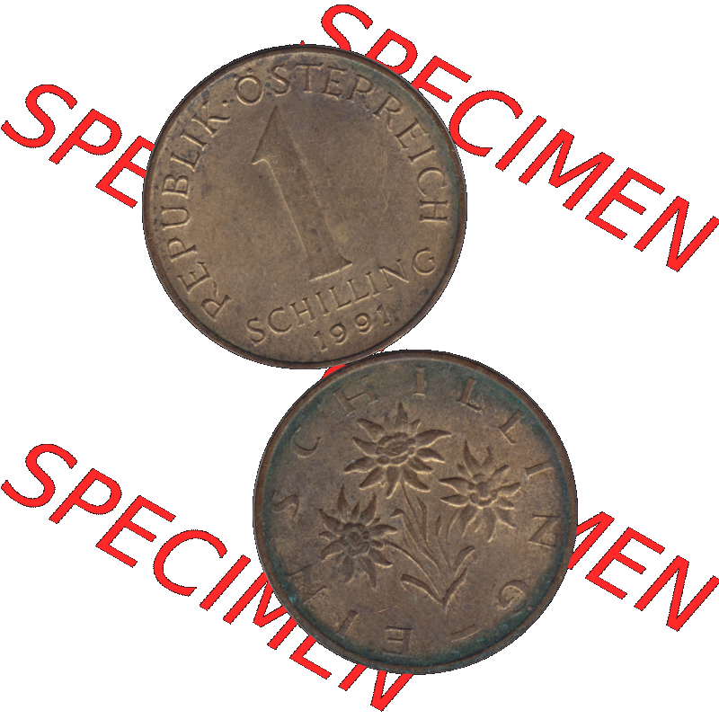Alte Münzen Österreich 1 / Ein Schilling 1959-2001, 1 Schilling 1991-02. Vorderseite und Rückseite der 1 / Ein Schilling Münze vertikal auf einen digitalen Bild... Sammlung