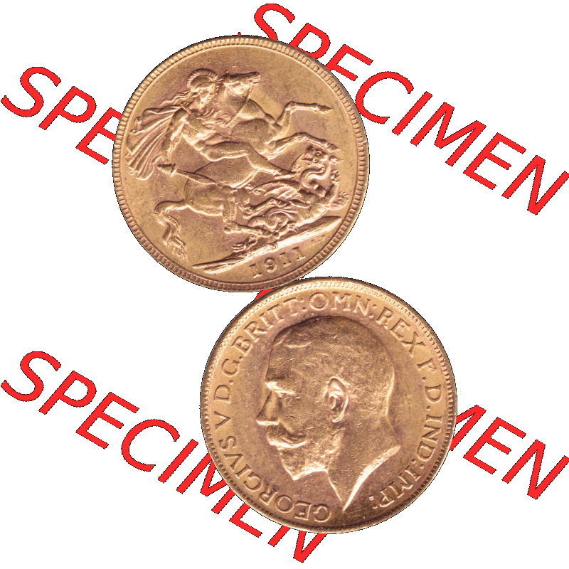 Alte Goldmünze Großbritannien 1911-1927, 1 Pfund Sovereign 1911-01. Vorderseite und Rückseite der britischen Sovereign-Goldmünze aus dem Zeitraum ab 1887 vertikal auf... Sammlung