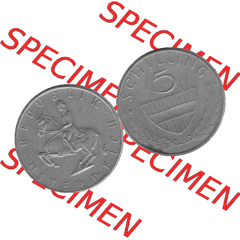 Alte Münze 5 / Fünf Schilling Österreich in s/w Schwarzweiß bzw. Graustufen Farbgebung von Scanner transparenten PNG 1968-2001, 5 Schilling 1974-02, Reiter... Sammlung