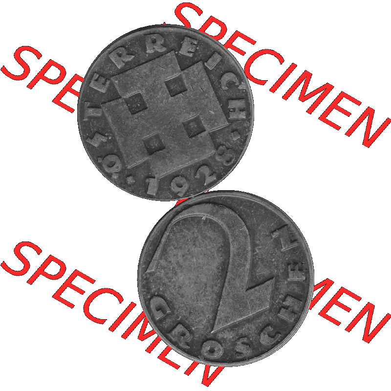 Alte Münze 2 / Zwei Groschen Österreich in s/w Schwarzweiß bzw. Graustufen Farbgebung von Scanner transparenten PNG 1925-1938, 2 Zwei Groschen, Krückenkreuz... Sammlung