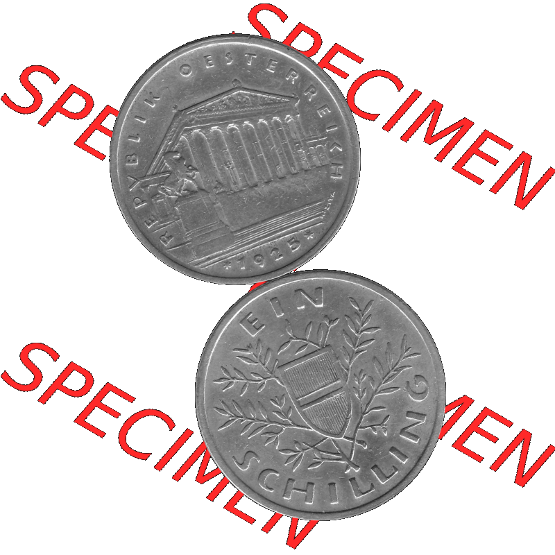 Alte Münzen Österreich Ein - 1 Schilling 1925-1932, 1 Schilling 1925-01 Silbermünze Parlamentsgebäude in Wien, Bindenschild 6 Gramm 640er Silber Graustufen. Vorderseite... Sammlung
