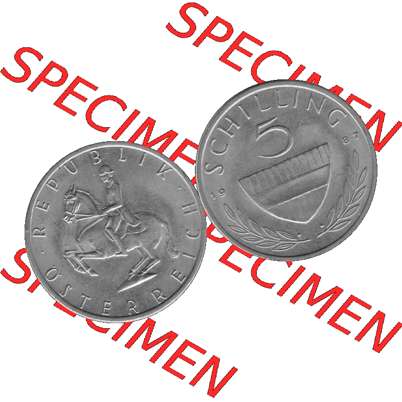 Alte Münze 5 / Fünf Schilling Österreich in s/w Schwarzweiß bzw. Graustufen Farbgebung von Scanner transparenten PNG 1968-2001, 5 Schilling 1987-02, Reiter... Sammlung