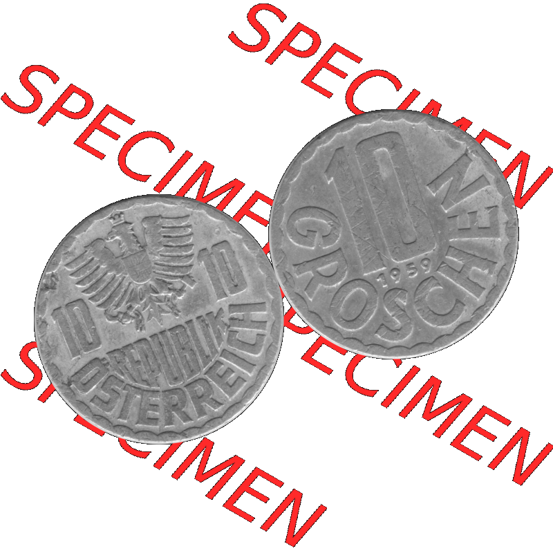Alte Münze 10 / Zehn Groschen Österreich in s/w Schwarzweiß bzw. Graustufen Farbgebung von Scanner transparenten PNG 1951-2001, 10 Groschen 1959-01 Graustufen.... Sammlung