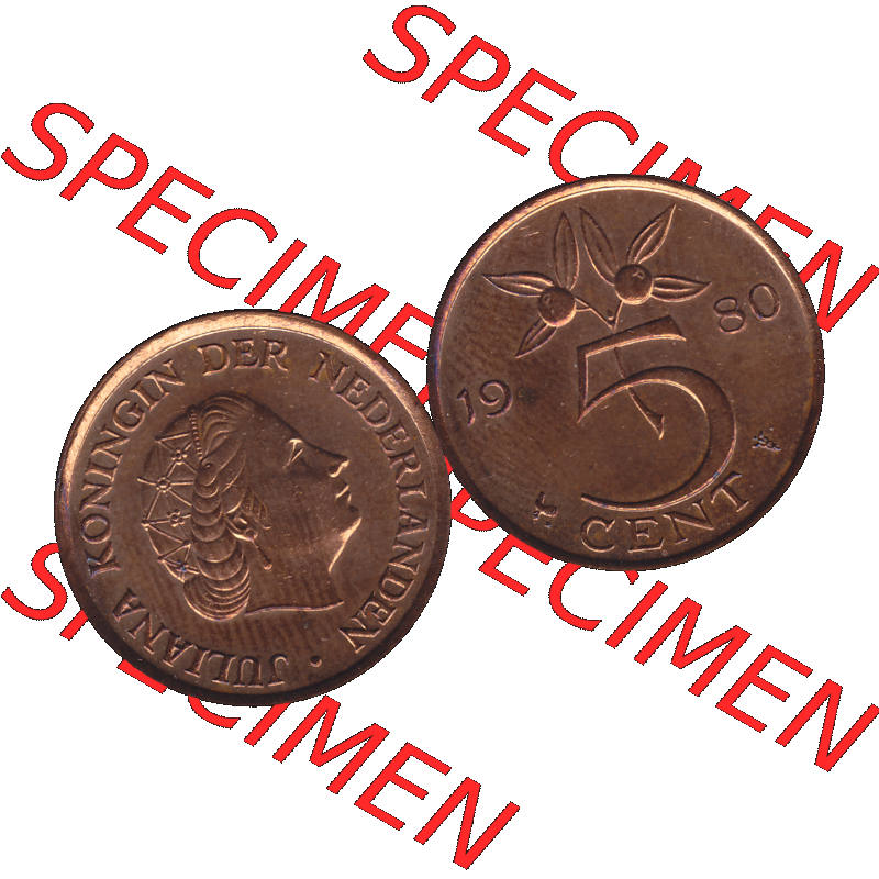 Alte Münze Niederlande in Farbe 1950-1980, 5 Cent Königin Juliana 1980-02. Vorderseite und Rückseite horizontal auf einen digitalen Bild der alten niederländischen 5 /... Sammlung