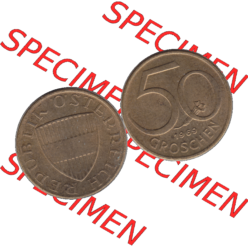 Alte Münze 50 / Fünfzig Groschen Österreich in original Farbgebung von Scanner transparenten PNG 1959-2001, 50 Groschen 1969-01, Bindenschild. Vorderseite und Rückseite... Sammlung
