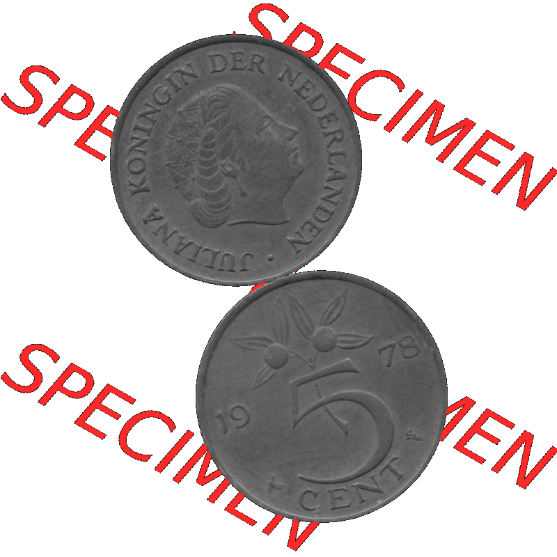 Alte Münze Niederlande in Grau 1950-1980, 5 Cent Königin Juliana 1978-01 Graustufen. Vorderseite und Rückseite vertikal auf einen digitalen in grau / Graustufen umgewandeltes... Sammlung