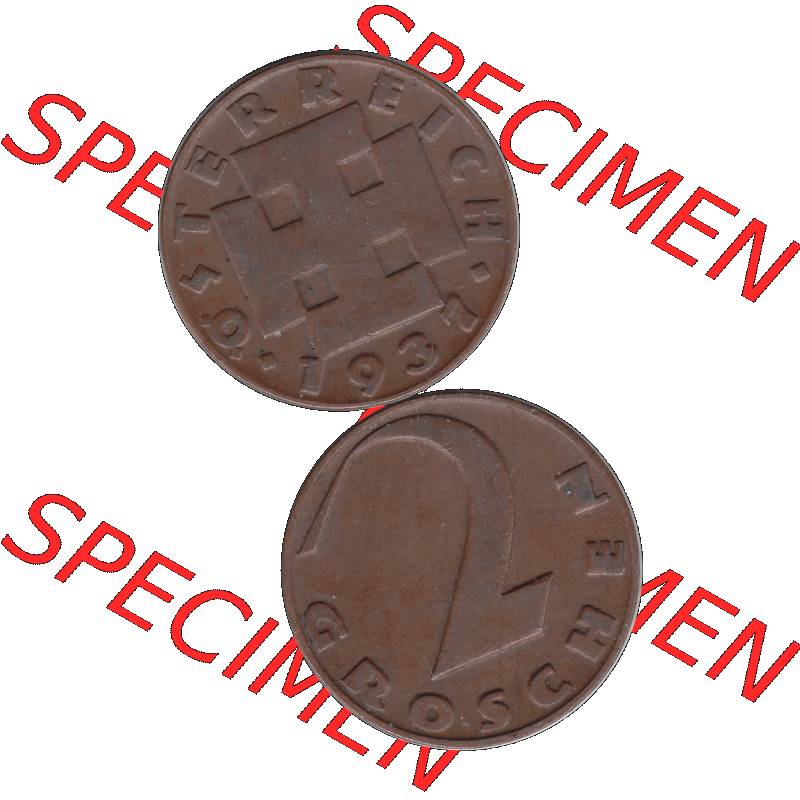 Alte Münze 2 / Zwei Groschen Österreich in original Farbgebung von Scanner transparenten PNG 1925-1938, 2 Zwei Groschen, Krückenkreuz 1937-02. Vorderseite und Rückseite... Sammlung
