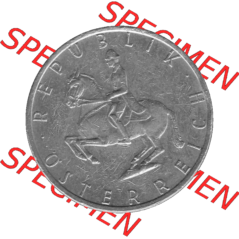 Alte Münze 5 / Fünf Schilling Österreich in s/w Schwarzweiß bzw. Graustufen Farbgebung von Scanner transparenten PNG 1968-2001, 5 Schilling 1984-02, Reiter... Sammlung
