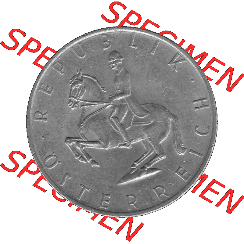 Alte Münze 5 / Fünf Schilling Österreich in s/w Schwarzweiß bzw. Graustufen Farbgebung von Scanner transparenten PNG 1968-2001, 5 Schilling 1980-01, Reiter... Sammlung