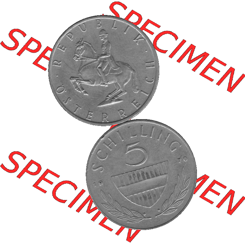 Alte Münze 5 / Fünf Schilling Österreich in s/w Schwarzweiß bzw. Graustufen Farbgebung von Scanner transparenten PNG 1968-2001, 5 Schilling 1970-02, Reiter... Sammlung