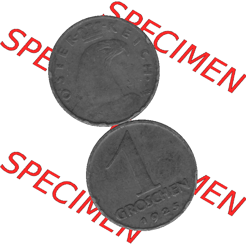 Alte Münze 1 / Ein Groschen Österreich in s/w Schwarzweiß bzw. Graustufen Farbgebung von Scanner transparenten PNG 1925-1938, 1-Ein Groschen, Adlerkopf mit Mauerkrone... Sammlung