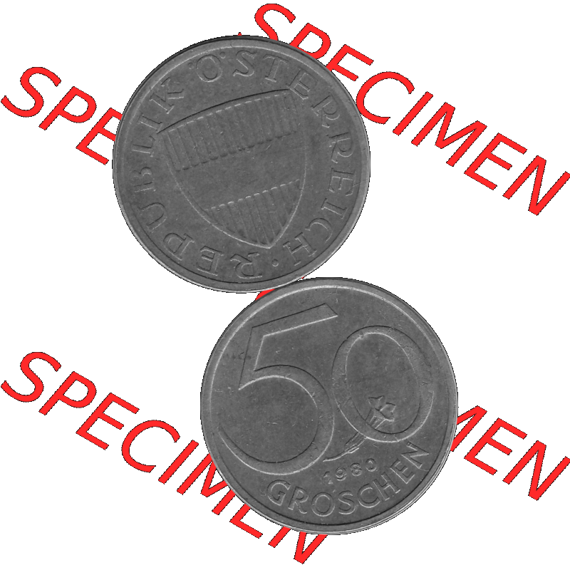 Alte Münze 50 / Fünfzig Groschen Österreich in s/w Schwarzweiß bzw. Graustufen Farbgebung von Scanner transparenten PNG 1959-2001, 50 Groschen 1980-01, VS.... Sammlung