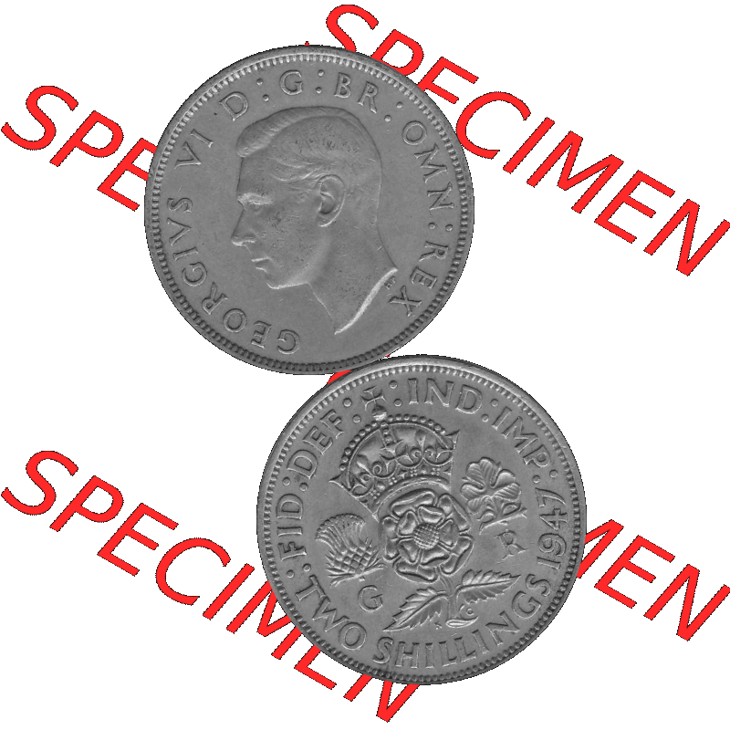 Alte Münze Großbritannien, Bild in s/w bzw. Graustufen PNG-Grafik, Umlaufmünze aus dem Zeitraum 1947-1948, 2 Schilling-Florin, Two Shillings, 1947-01,... Sammlung