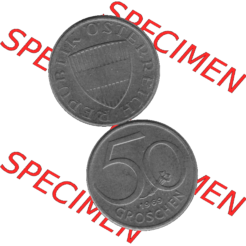 Alte Münze 50 / Fünfzig Groschen Österreich in s/w Schwarzweiß bzw. Graustufen Farbgebung von Scanner transparenten PNG 1959-2001, 50 Groschen 1969-01, Bindenschild... Sammlung